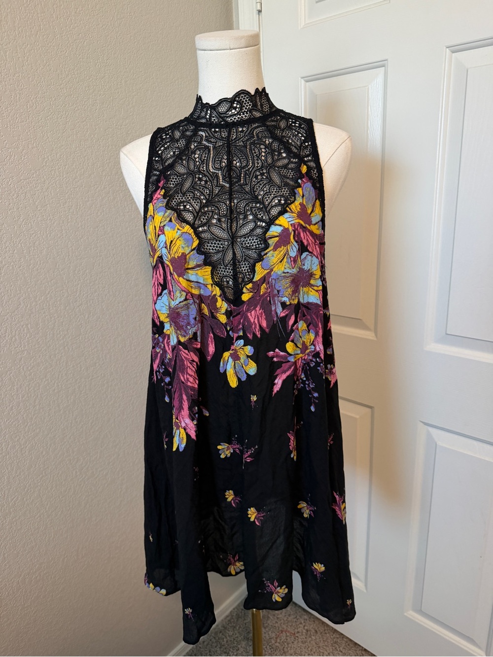 Free People Black Floral Lace-Trim Mini Dress - Picture 2 of 5